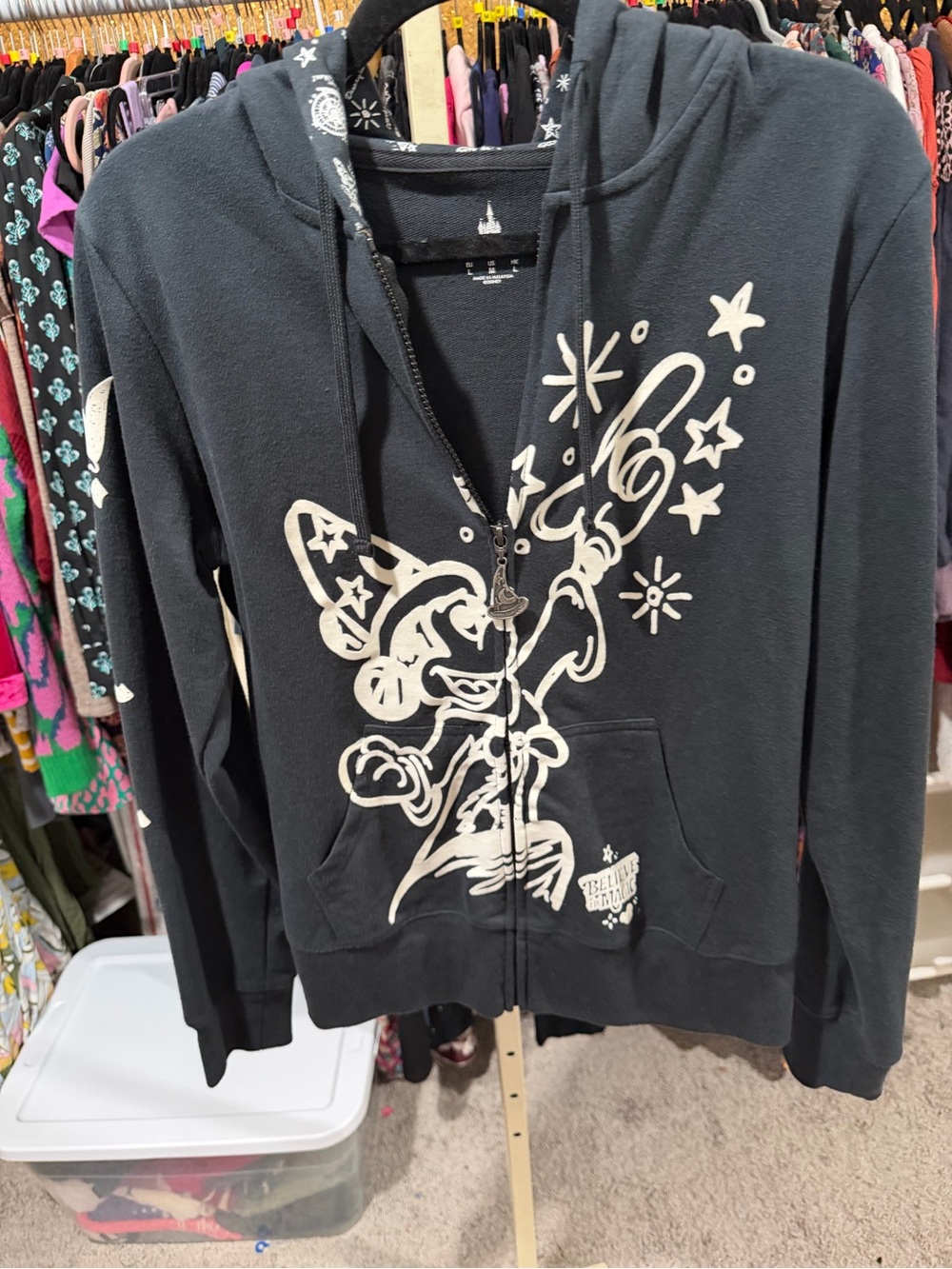Disney Black Zip-Up Hoodie with White Sorcerer Mickey Graphic